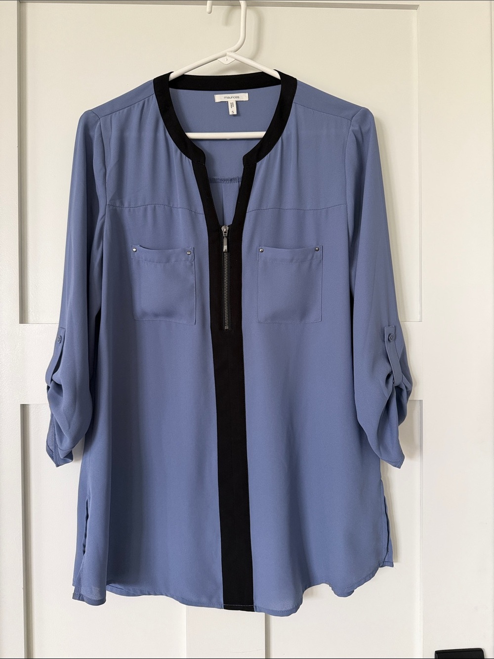 Maurices Dusty Blue Tunic with Black Zip Placket